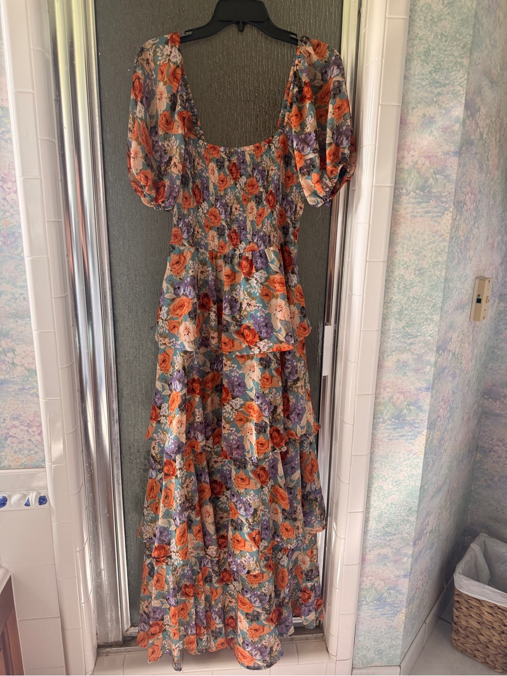 entro Orange and Purple Floral Puff-Sleeve Maxi Dress